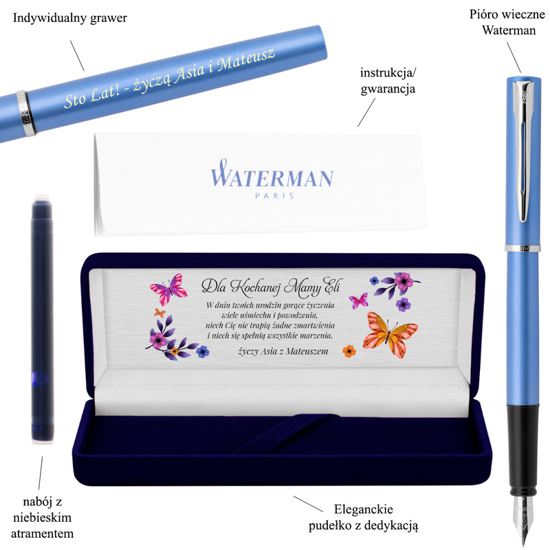 Pióro wieczne Waterman Allure błękitne z grawerem na obronę