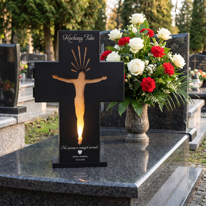 Personalizowany metalowy znicz 3D LED dla Taty – krzyż z grawerem laserowym