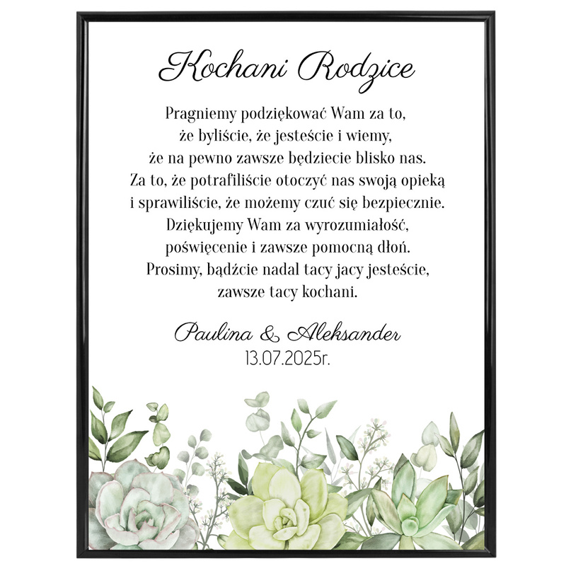 Plakat podziękowanie dla rodziców na ślub – zielone kwiaty