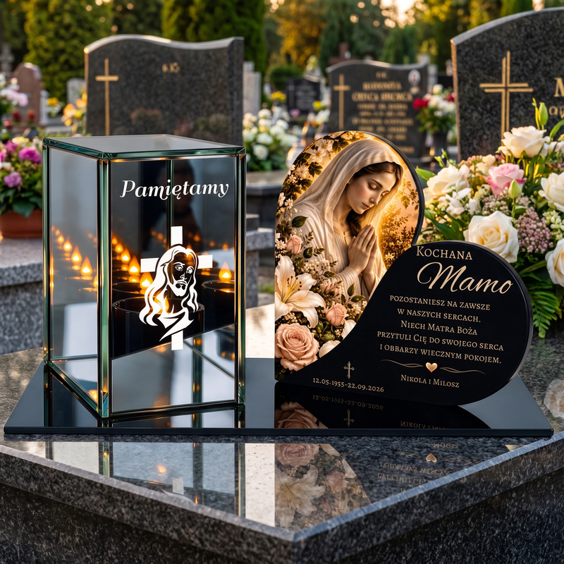 Zestaw nagrobny z personalizowaną tabliczką i świeczką LED