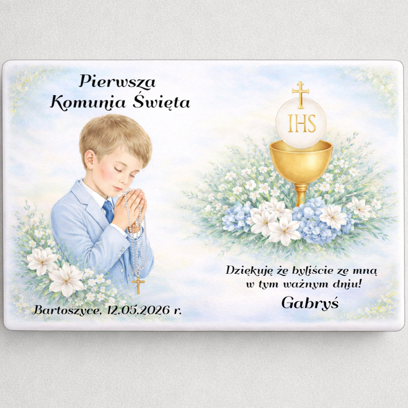 Komunijny magnes dla gości chłopca z imieniem i datą Personalizacja