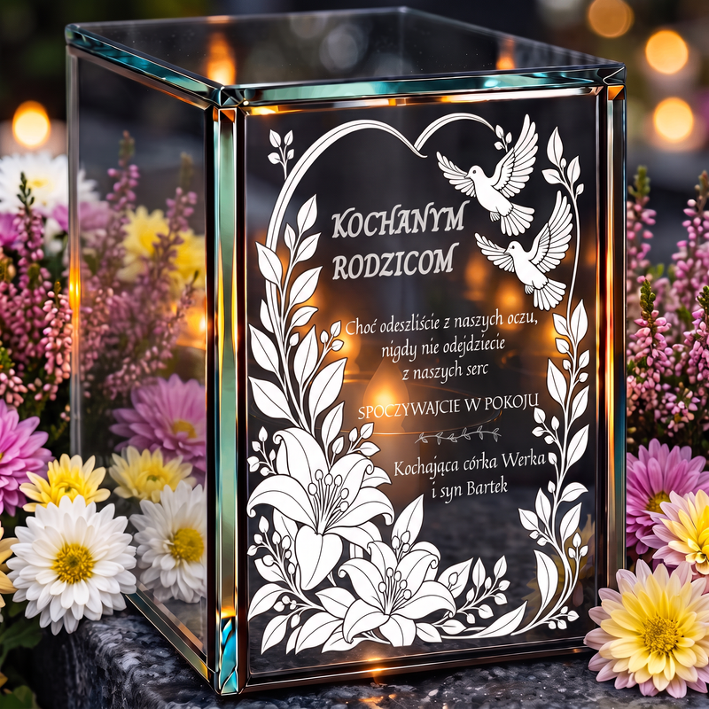 Personalizowany lampion lustrzany 3D LED dla Rodziców z grawerem – lilie, gołębie i dedykacja