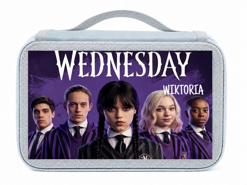 Personalizowany piórnik czterokomorowy z motywem Wednesday i imieniem