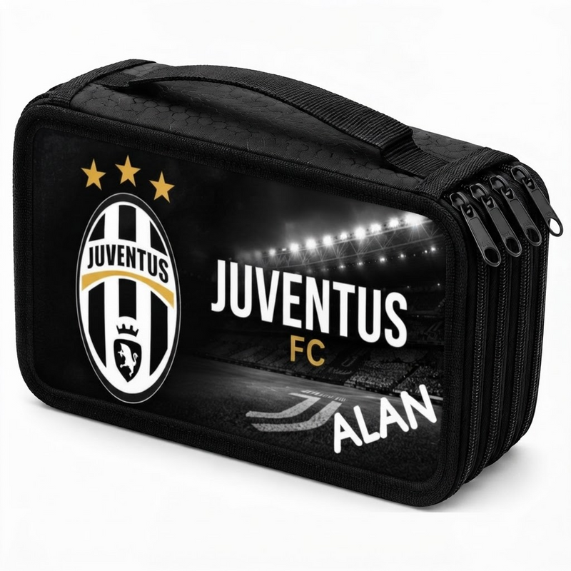 Personalizowany piórnik czterokomorowy Juventus z imieniem – piórnik dla fana piłki nożnej