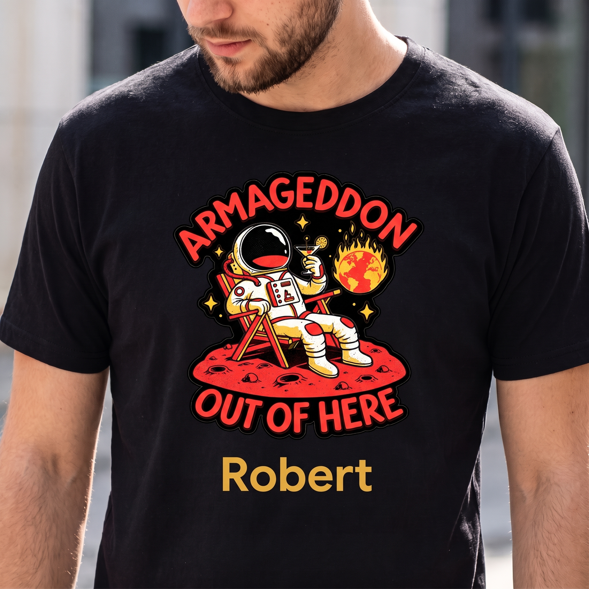 Personalizowana koszulka męska „Armageddon Out of Here” – kosmiczny T-shirt z imieniem