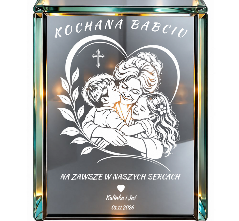 Personalizowany lampion lustrzany 3D LED dla Babci z grawerem – Babcia z wnukami „Na zawsze w naszych sercach”