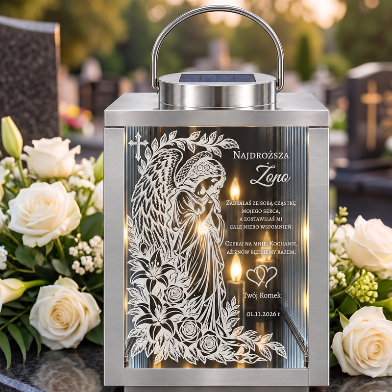 Personalizowany znicz solarny dla Żony z grawerem laserowym – latarnia pamięci z aniołem 28 cm