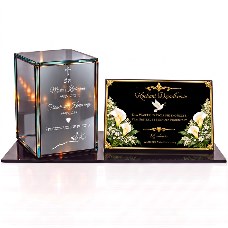 Personalizowany zestaw nagrobny dla Dziadków – lampion lustrzany 3D LED z grawerem i tabliczką z dedykacją