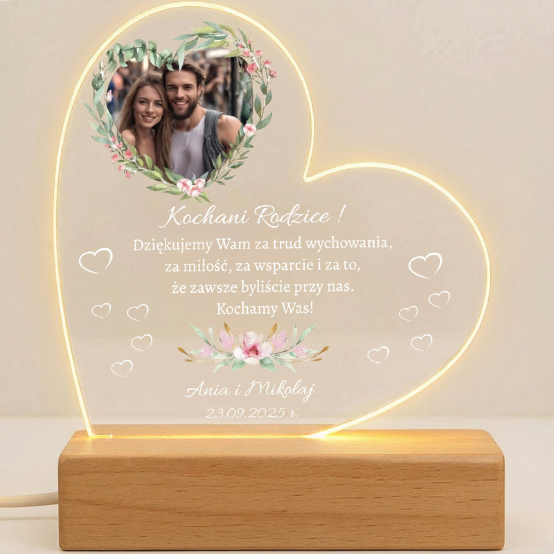 Podziękowania dla Rodziców – ramka LED serce z personalizacją