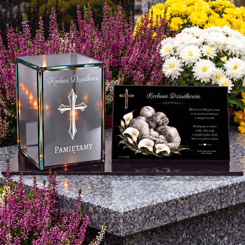 Personalizowany zestaw nagrobny dla Dziadków – lampion lustrzany 3D LED z grawerem i tabliczką z dedykacją