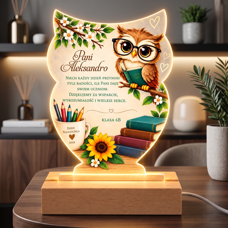 Personalizowana ramka LED Sowa dla wychowawczyni – prezent od klasy z podziękowaniem