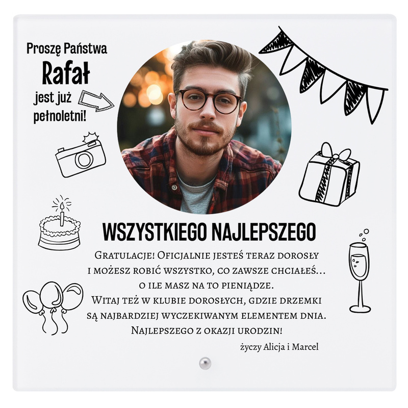 Szklana ramka na urodziny z personalizacją i zdjęciem lub grafiką