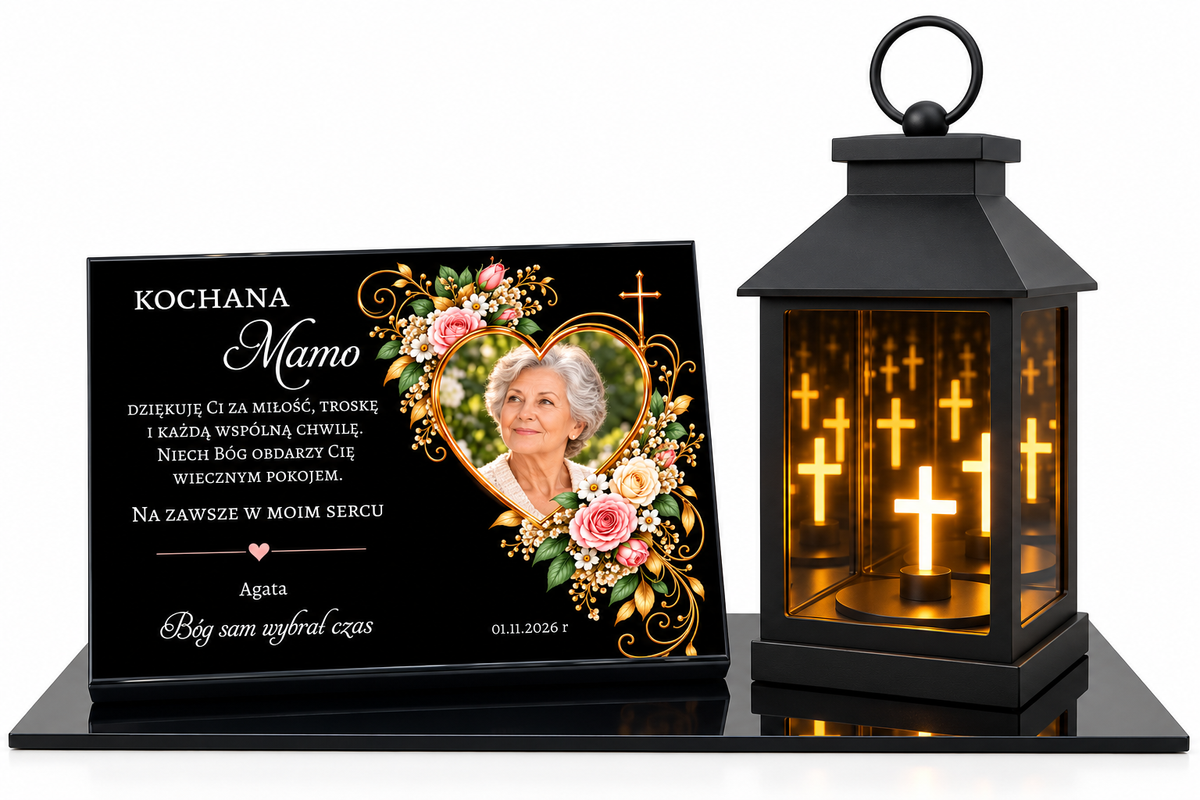 Personalizowany lampion nagrobny ze zdjęciem dla Mamy – tabliczka z nadrukiem UV i dedykacją