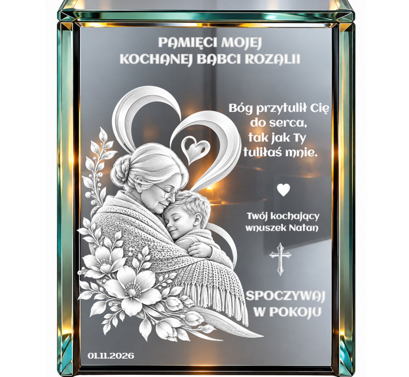 Personalizowany lampion lustrzany 3D LED dla Babci z grawerem – „Pamięci mojej kochanej Babci” od wnuka