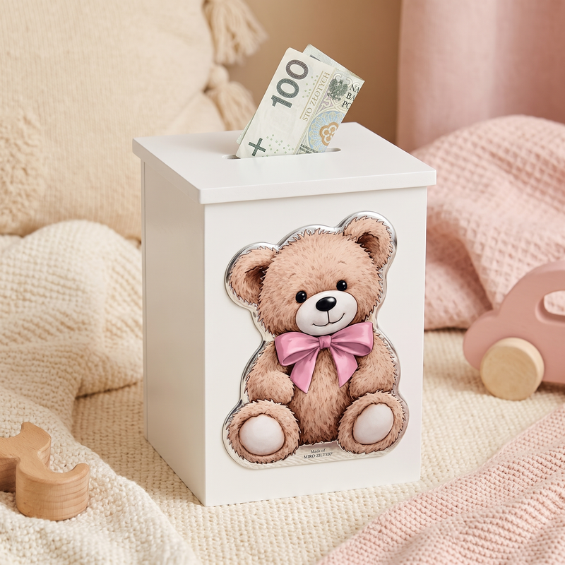 Personalizowana skarbonka z misiem Valenti z metryczką dziecka – prezent na narodziny z imieniem