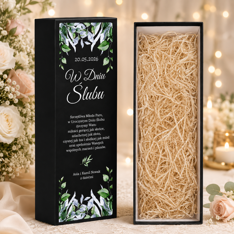 Personalizowane pudełko prezentowe na ślub 40 × 14 cm – własne zdjęcie, data i życzenia