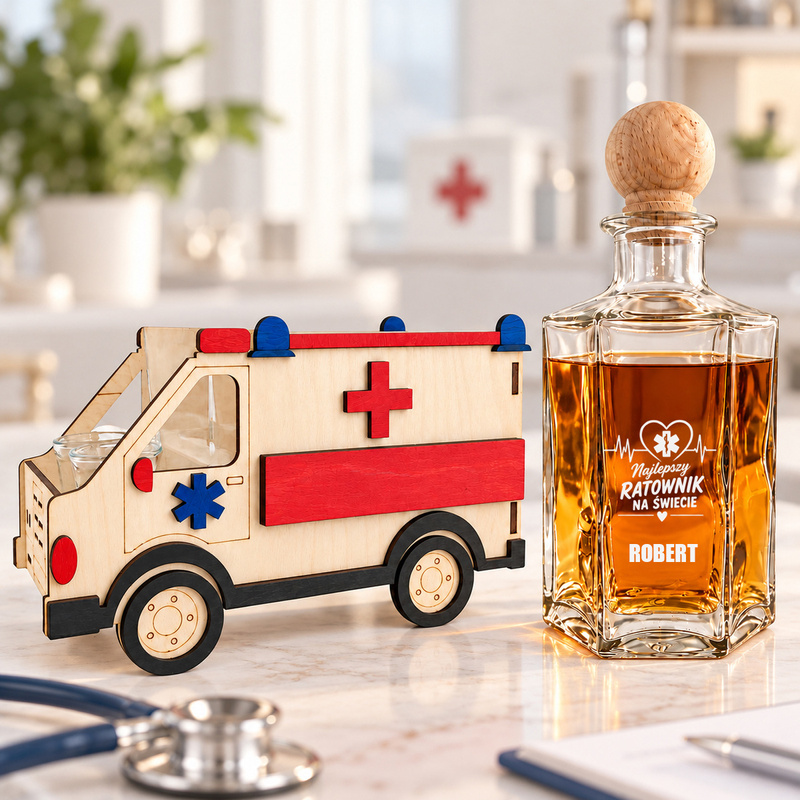 Karafka Ambulans z grawerem na butelce i 6 kieliszkami