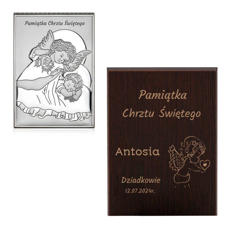 Personalizowany obrazek Anioł Stróż 13 × 18 cm z grawerem – pamiątka Chrztu Świętego