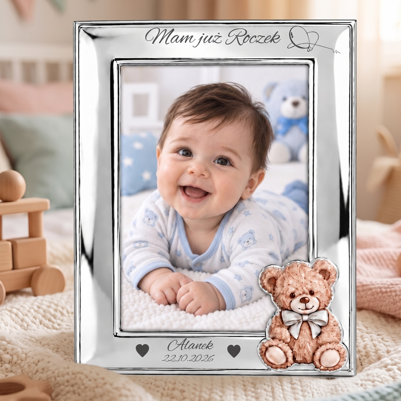 Personalizowana posrebrzana ramka na Roczek dla chłopca 9 × 13 cm Valenti – pamiątka pierwszych urodzin z imieniem i datą