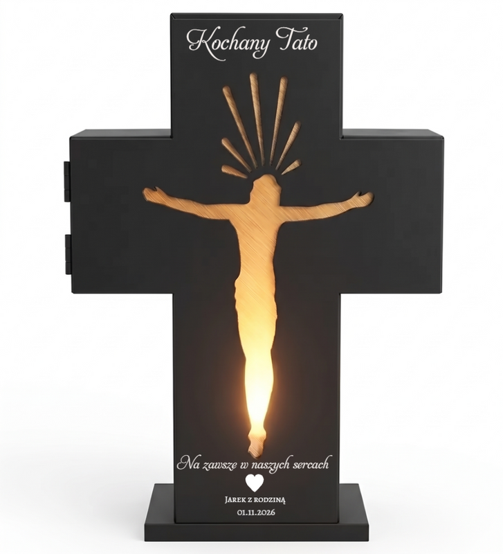Personalizowany metalowy znicz 3D LED dla Taty – krzyż z grawerem laserowym