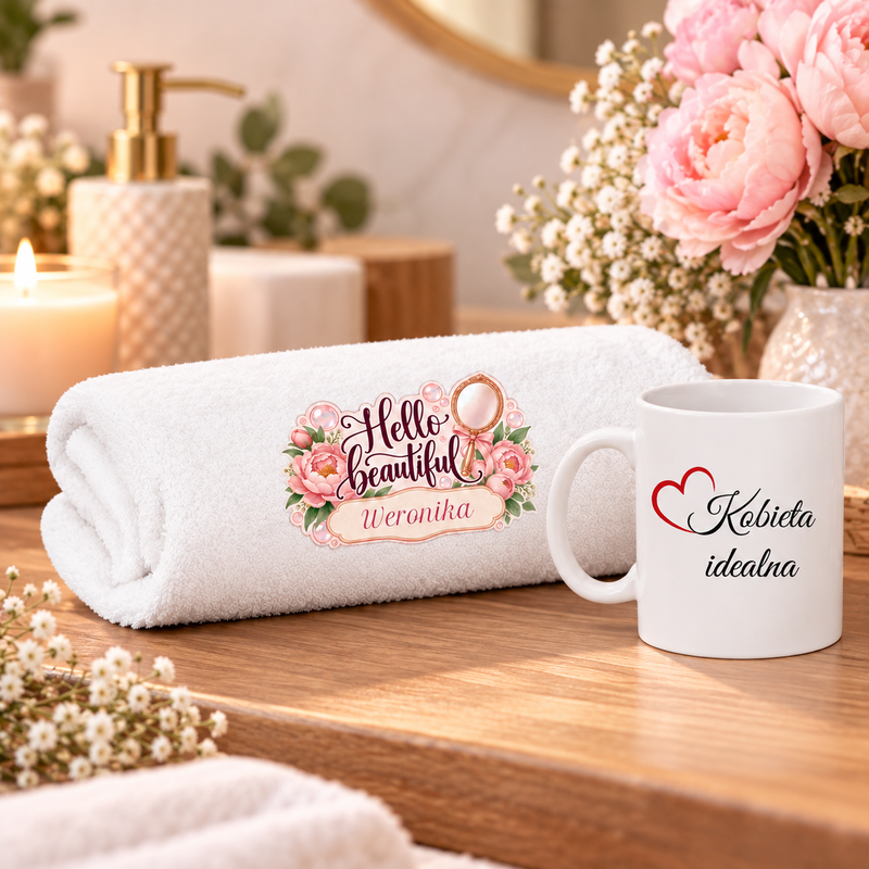 Zestaw prezentowy dla kobiety – personalizowany ręcznik 70 × 140 cm i kubek z nadrukiem 330 ml
