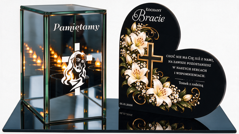 Zestaw nagrobny z personalizowaną tabliczką i świeczką LED