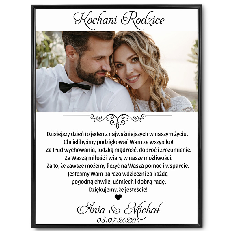 Ślubny plakat podziękowanie dla rodziców ze zdjęciem pary