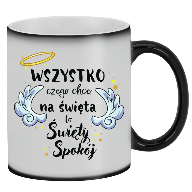 Magiczny kubek Świętego Spokoju na Mikołaja zmienia kolor z nadrukiem