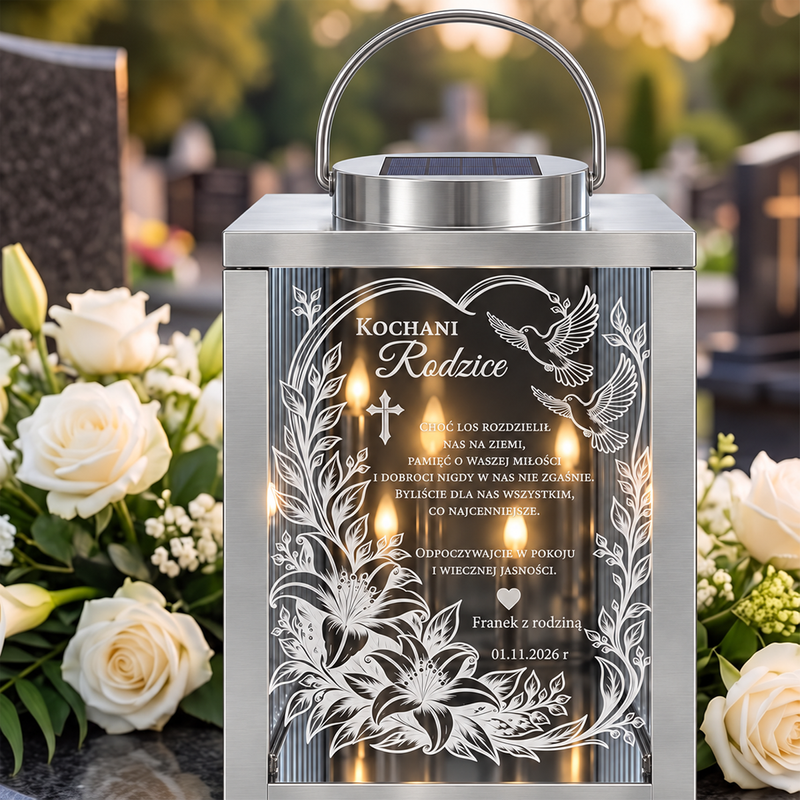 Personalizowany znicz solarny dla Rodziców z grawerem laserowym – latarnia pamięci „Kochani Rodzice” 28 cm